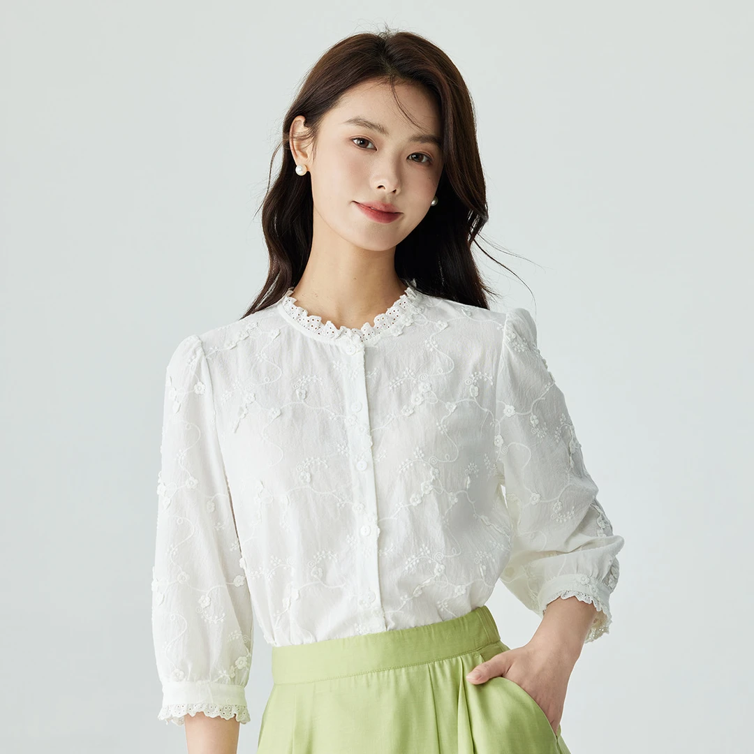 茵曼早秋季法式时尚气质绣花花边提花圆领中袖白衬衫女