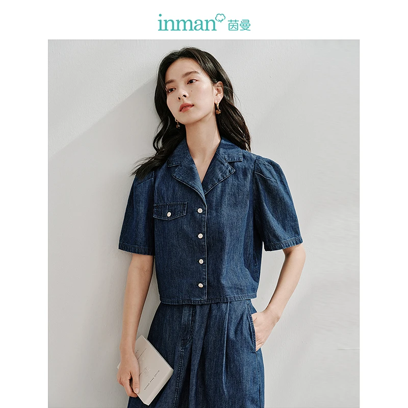 茵曼2024夏季新款女衬衫上衣衬衣气质牛仔女装短袖纯棉短款休闲