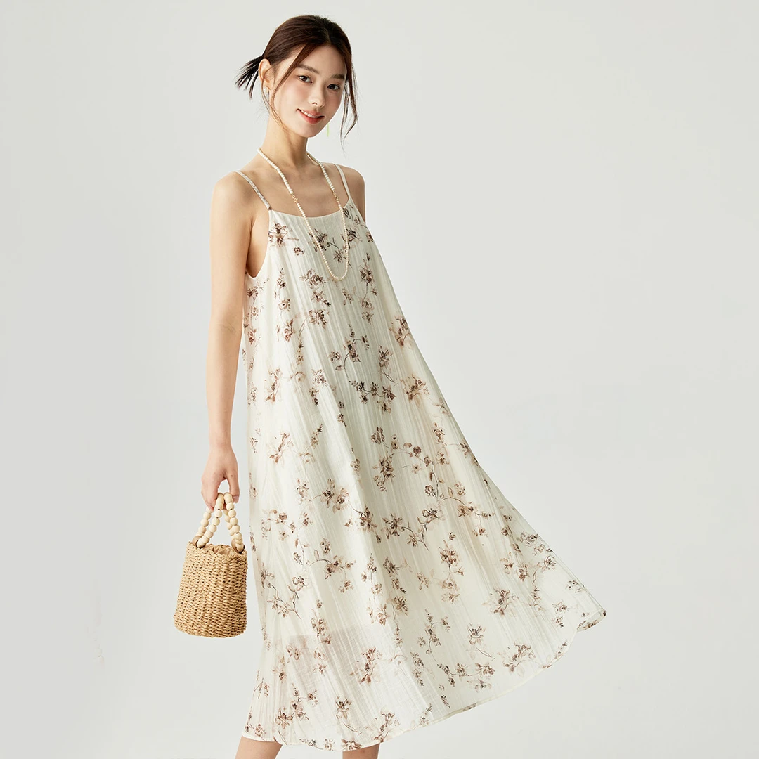 【雅丹风】茵曼夏季莱赛尔田园印花吊带背心裙气质显瘦A字连衣裙子