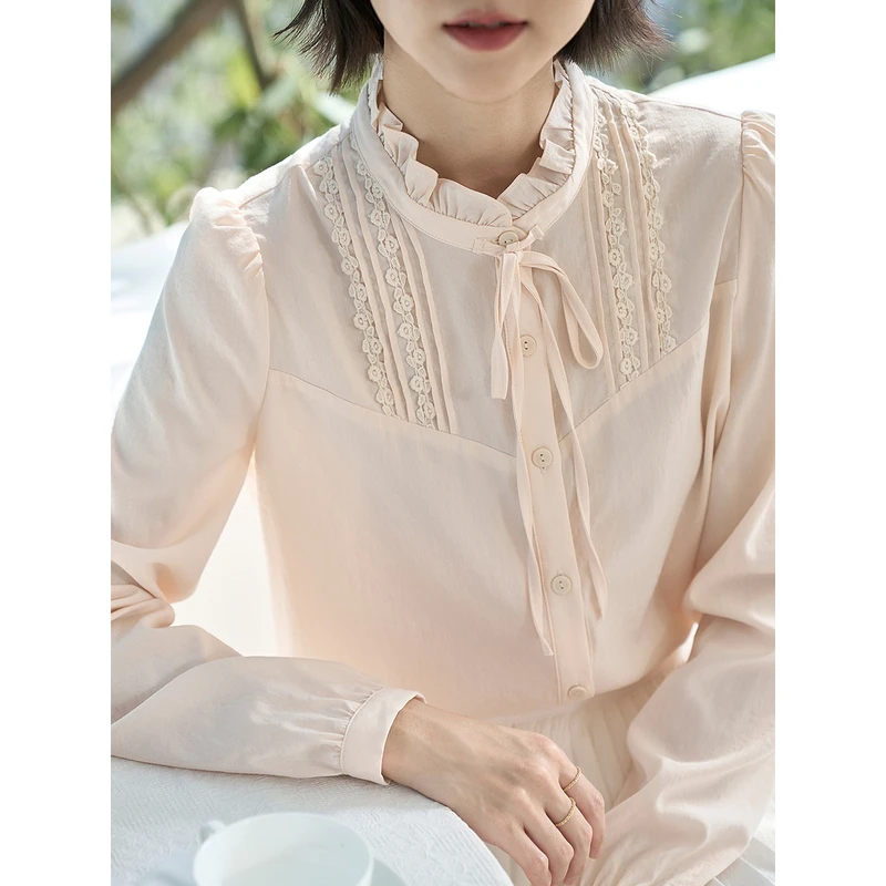 茵曼2023春装新款法式荷叶边半高领灯笼袖宽松显瘦衬衫女18314055