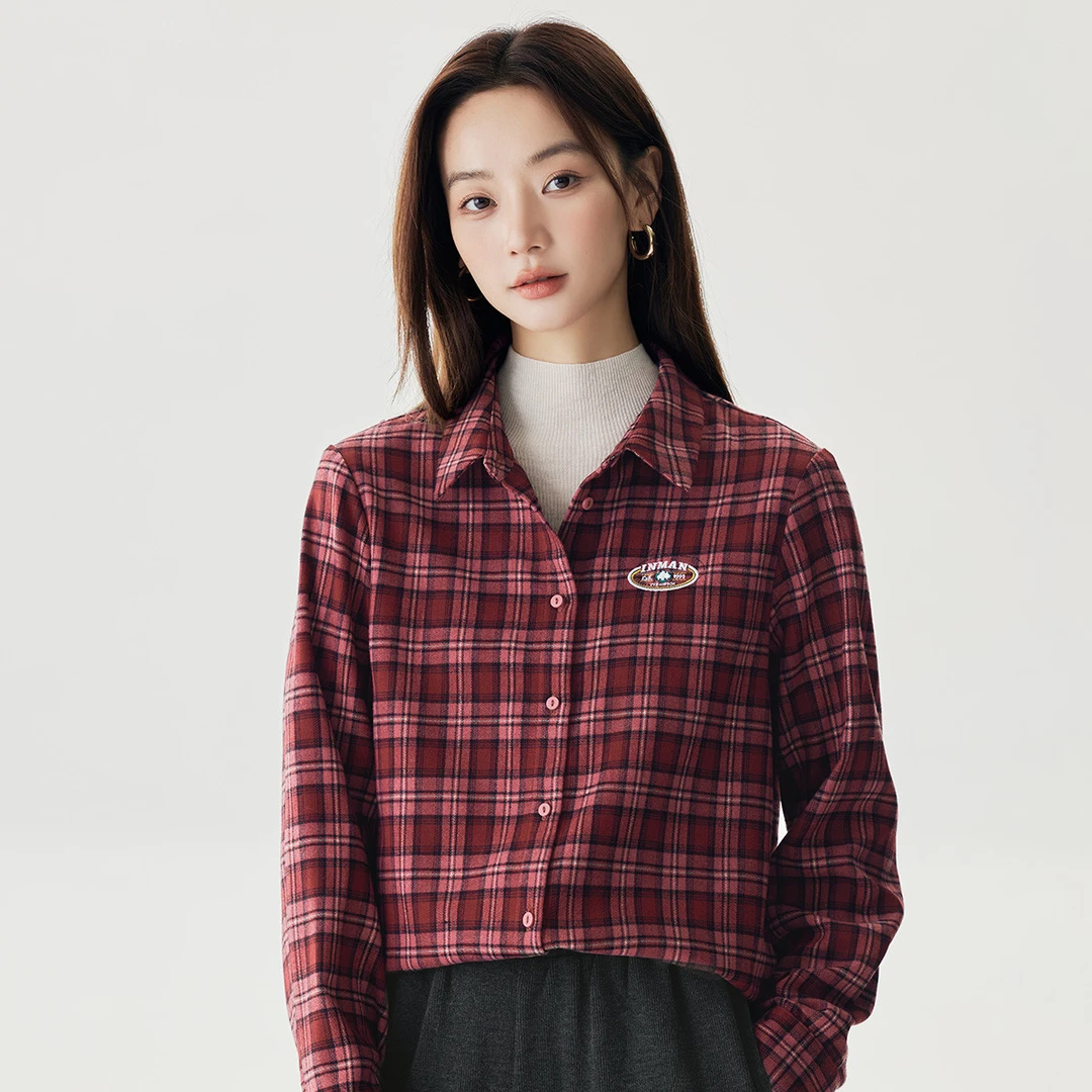 茵曼冬季复古学院风格纹衬衫时尚百搭叠穿长袖厚衬衣