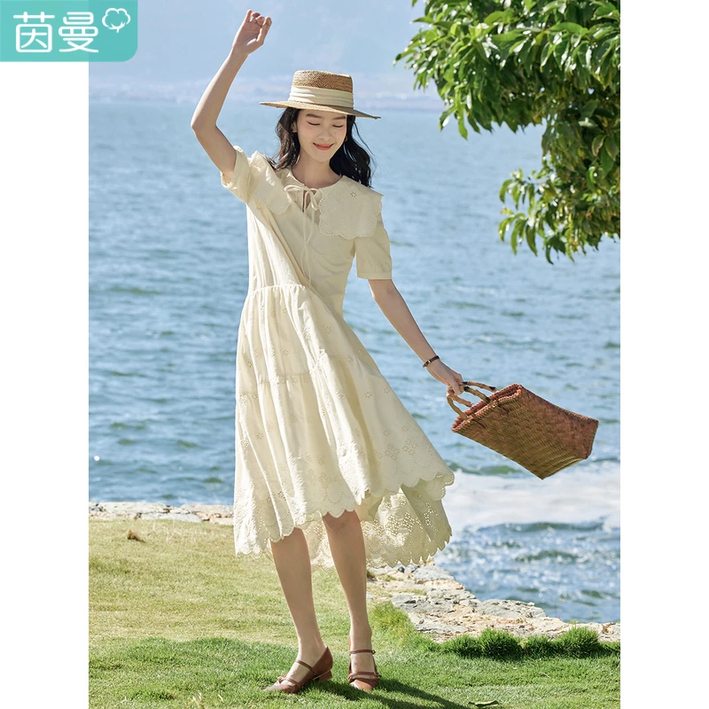 茵曼夏季女连衣裙新款短袖A字裙休闲娃娃宽松减龄时尚刺绣精致