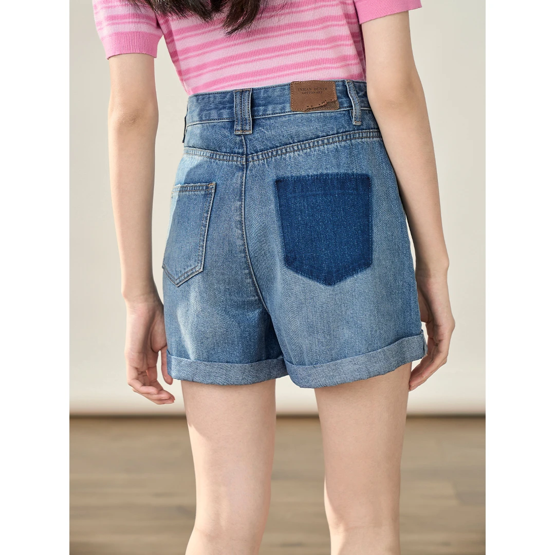 【商场同款】茵曼秋季牛仔短裤女时尚舒适休闲高腰显瘦A字卷边裤子