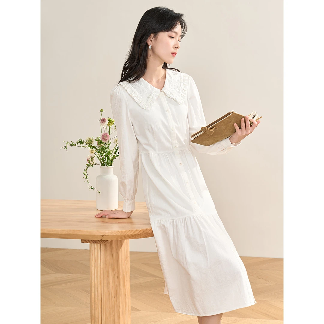 【秋至】茵曼春秋女连衣裙长袖女装显瘦新款休闲收腰蛋糕时尚纯色