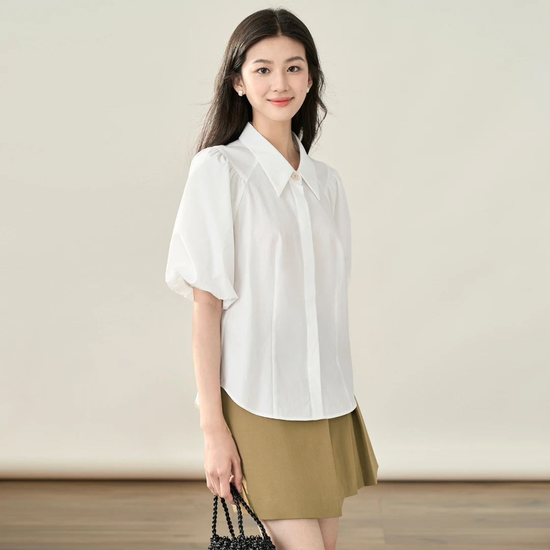 【商场同款】茵曼白色泡泡短袖衬衫女年秋季新款衬衣雪纺上衣