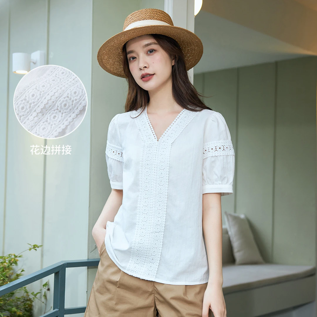 【爆款】茵曼夏季女衬衫短袖纯棉泡泡袖休闲百搭时尚舒适简约实用
