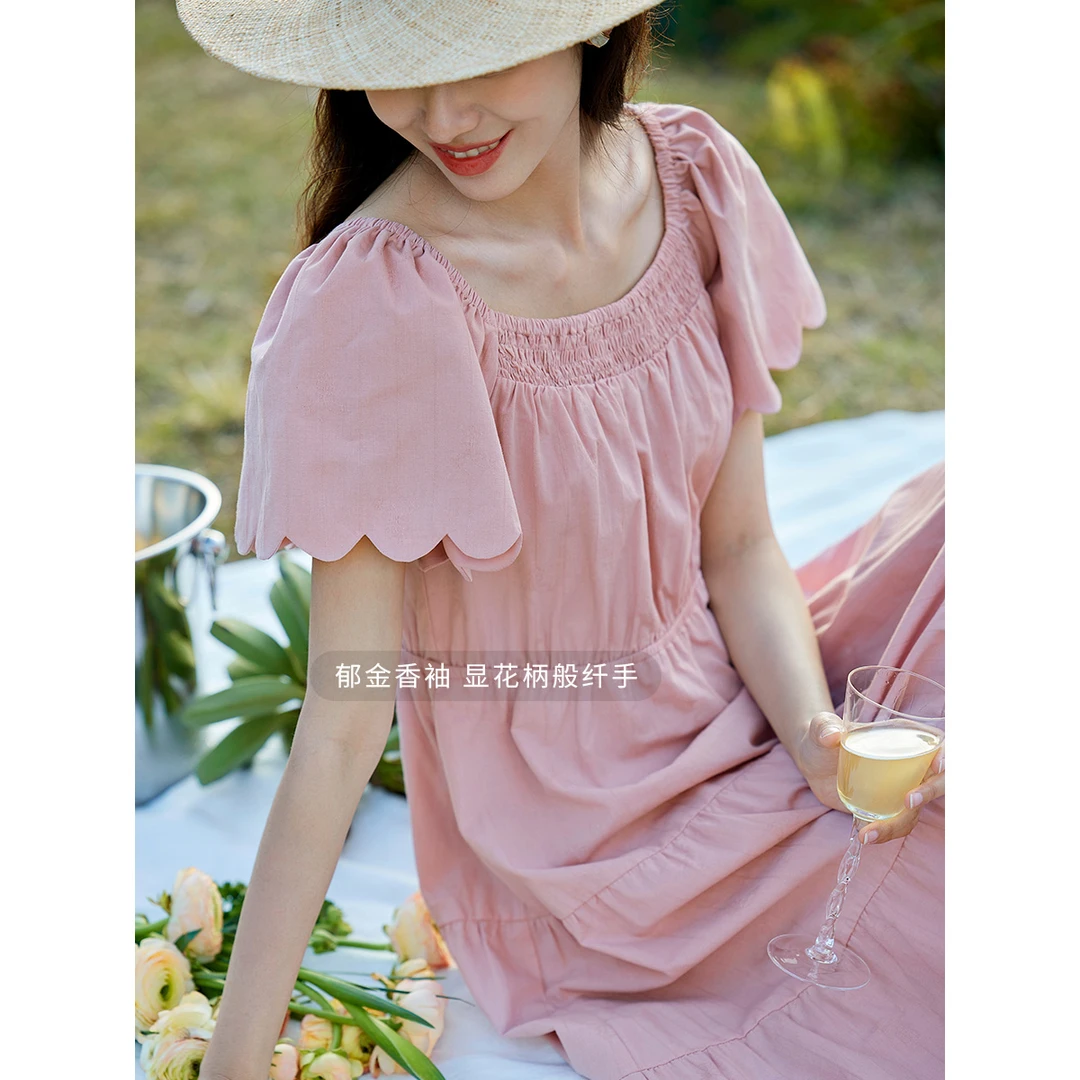 【8.8盛典】茵曼夏季打揽大圆领波浪边袖连衣裙松紧腰大A摆蛋糕