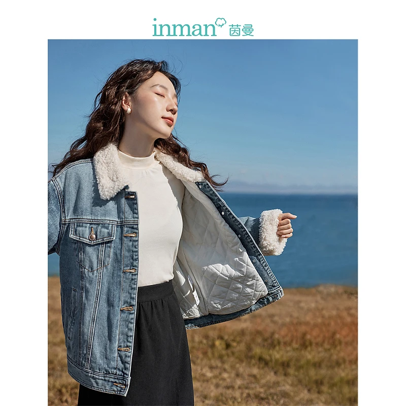 【雅丹风】茵曼冬季复古保暖夹棉牛仔外套时尚翻领长袖宽松百搭棉
