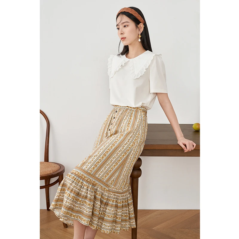 茵曼春秋女半身裙伞裙A字休闲印花高腰新款气质百搭荷叶爆款时尚