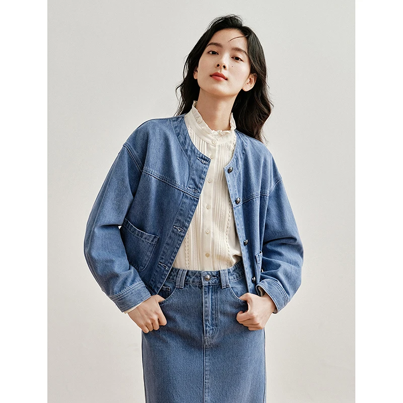 【薄荷曼波】茵曼2024春秋新款女短外套牛仔上衣小长袖女士休闲时尚