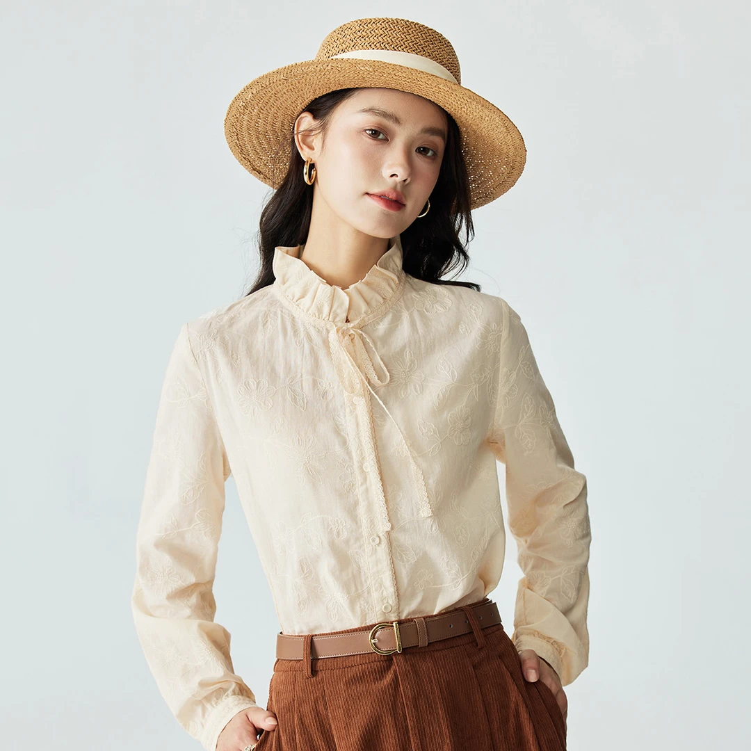 茵曼春秋新款女衬衫衬衣气质长袖纯棉刺绣宽松通勤休闲全棉