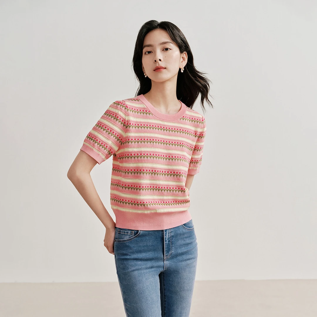 茵曼2024夏季新款女毛针织衫上衣条纹短袖套头薄款时尚反季休闲