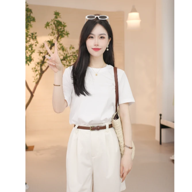 【欧若智性风】茵曼夏季短款套头时尚T恤休闲百搭显瘦圆领纯色上衣