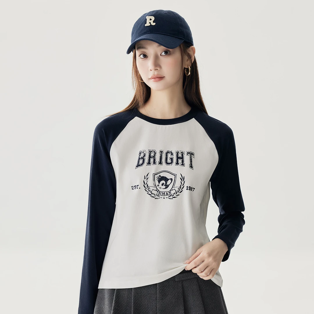 【欧若风新品】茵曼春季美式复古撞色插肩袖字母T恤学院百搭上衣女
