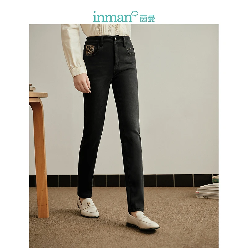 【雅丹风】茵曼冬季加绒牛仔直筒裤时尚复古松紧中高腰遮胯显瘦长