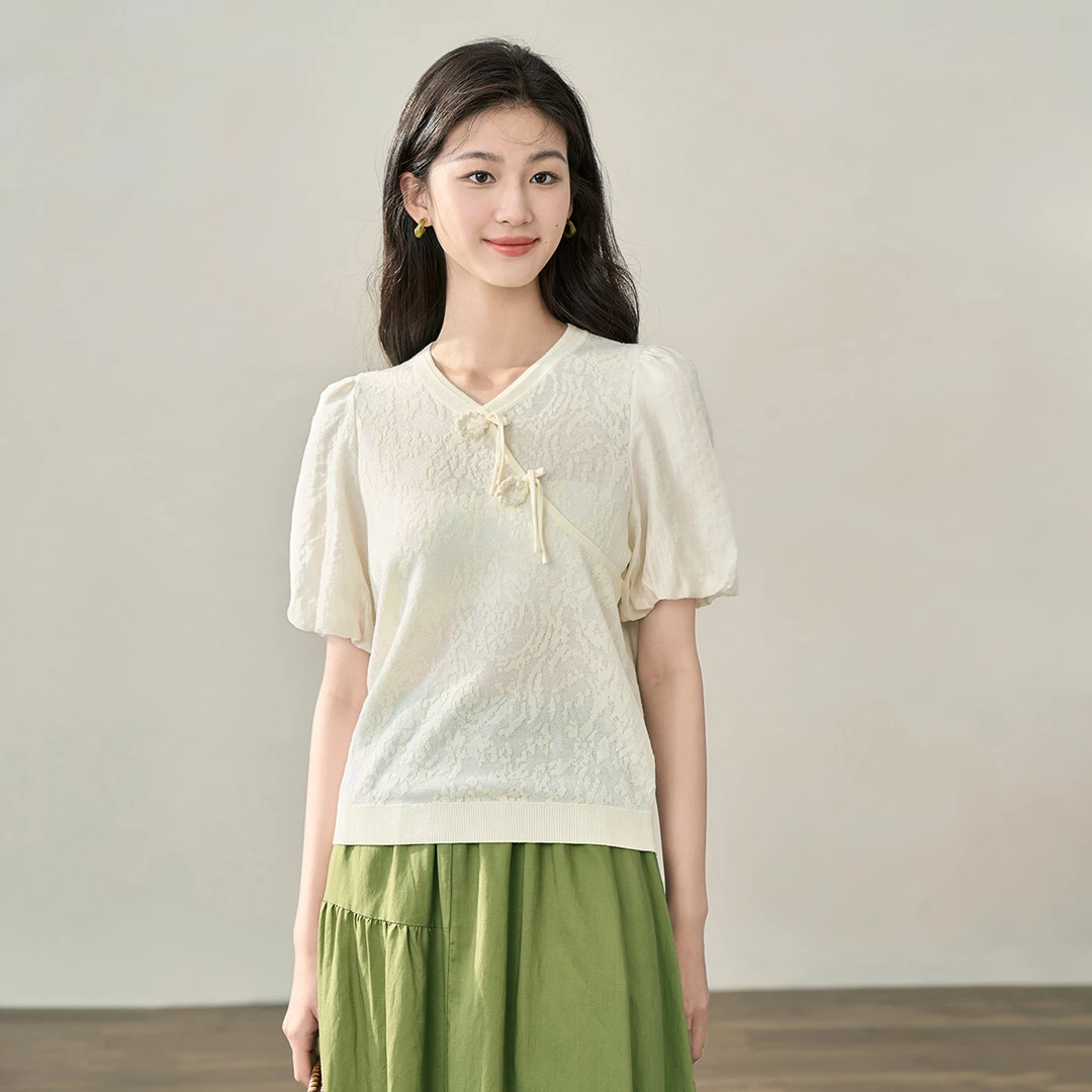 【商场同款】茵曼春秋女毛针织衫上衣毛衣新款短袖宽松套头纯棉时尚