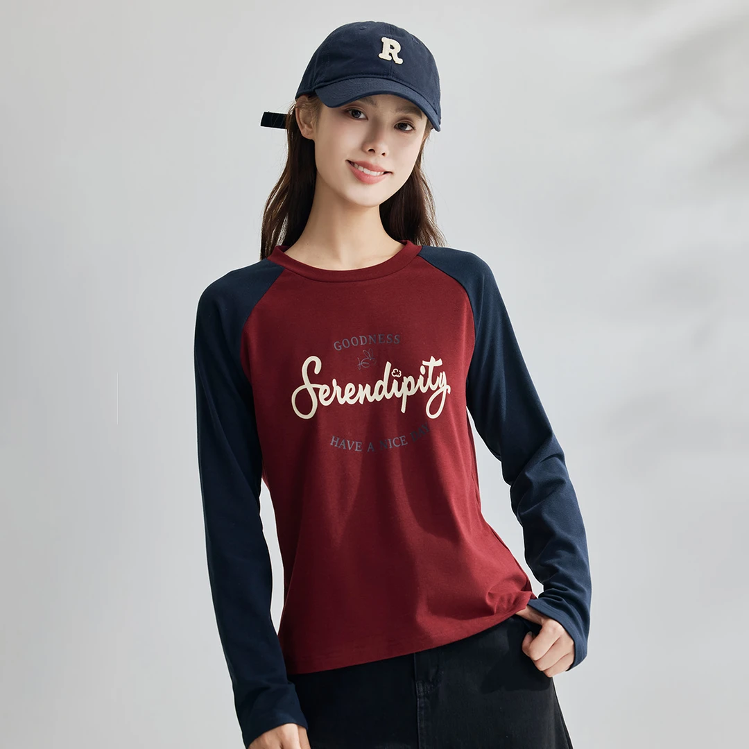 【雅丹风】秋季复古学院撞色插肩袖T恤女百搭休闲舒适长袖上衣