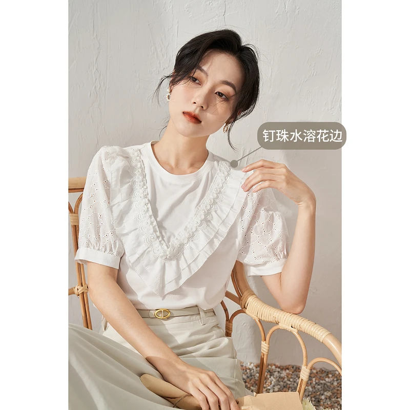 【商场同款】茵曼花边T恤圆领绣花法式泡泡袖气质白色时尚显瘦女