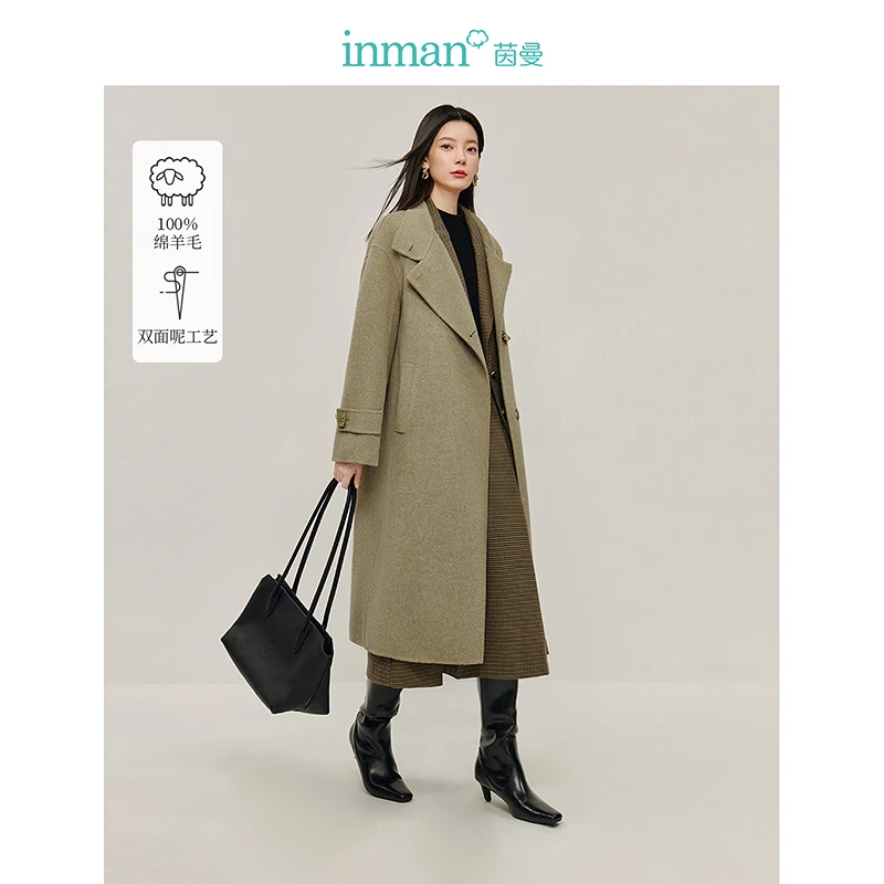 【商场同款】茵曼2024冬季新款女毛呢外套呢大衣绵羊毛保暖双面口袋
