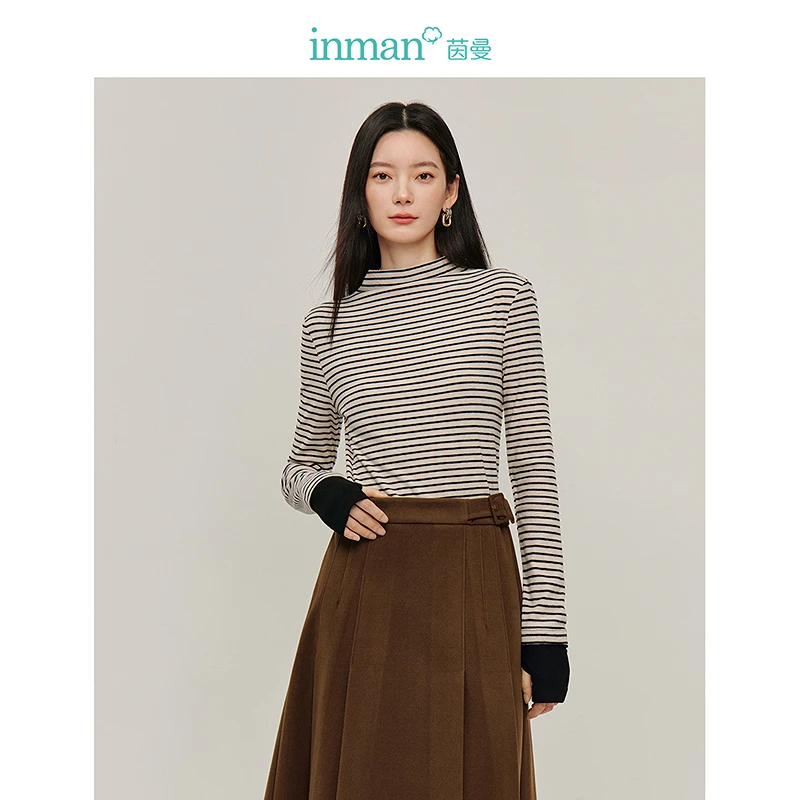 【商场同款】茵曼冬季女T恤上衣长袖显瘦女装条纹休闲新款高领刺绣