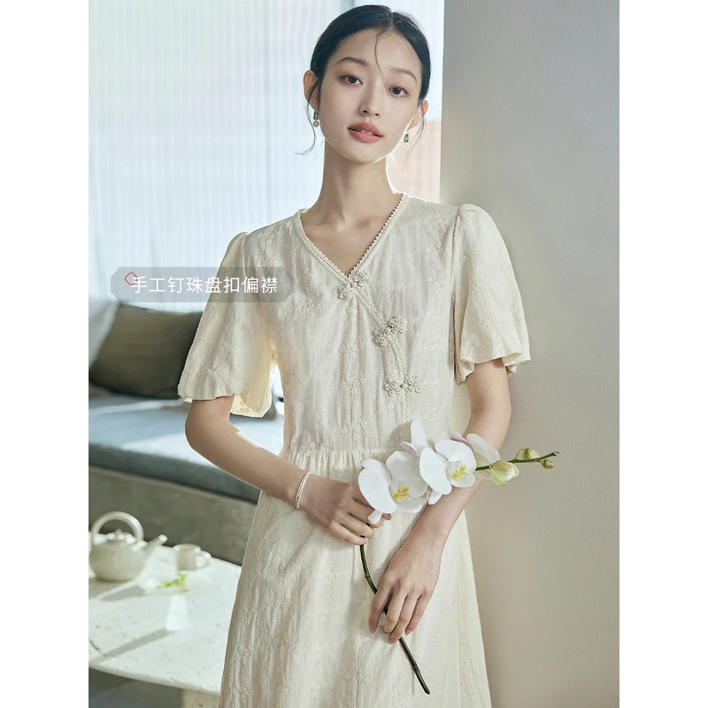 【双11返场】茵曼夏季时尚钉珠盘扣偏襟绣花改良国风新中式连衣裙