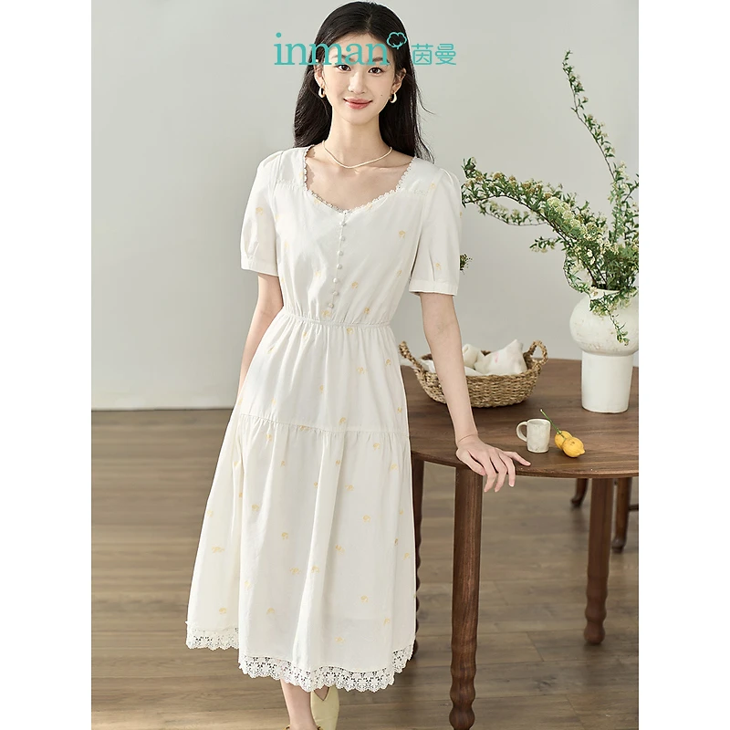 【商场同款】茵曼夏季女连衣裙长裙女装新款短袖休闲A字裙印花时尚