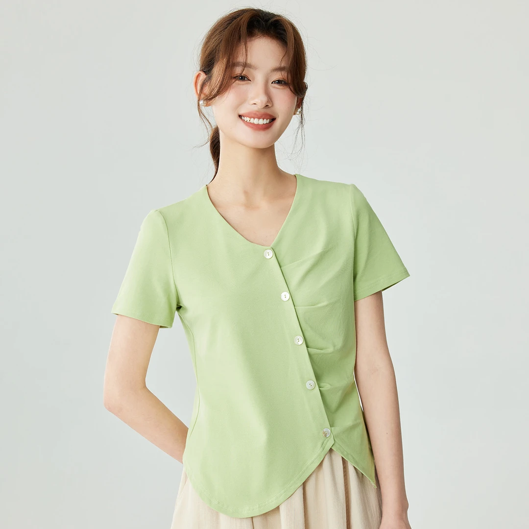 茵曼2024夏季新款女T恤上衣短袖长袖显瘦时尚短款修身肩上休闲