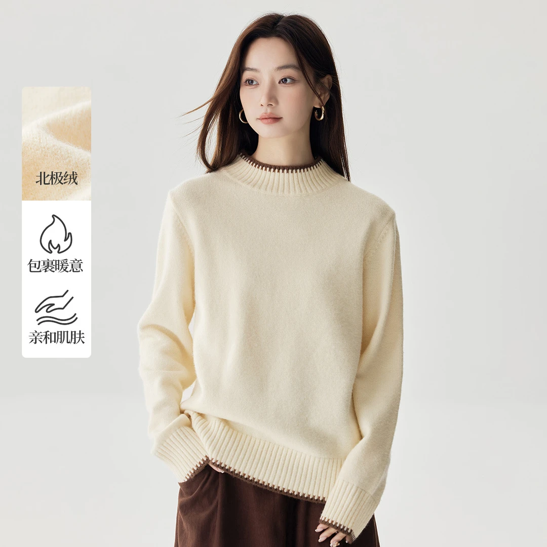 【双12抢先购】茵曼冬季撞色半高领毛衣时尚百搭保暖舒适套头针织衫