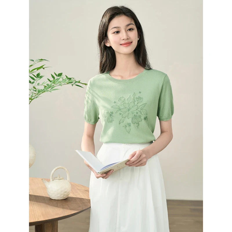 【商场同款】茵曼秋季刺绣套头圆领薄针织衫女时尚气质百搭短袖上衣