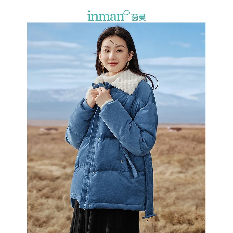 【新年】茵曼灯芯绒羽绒服冬女装新翻领落肩长袖宽松保暖百搭外套