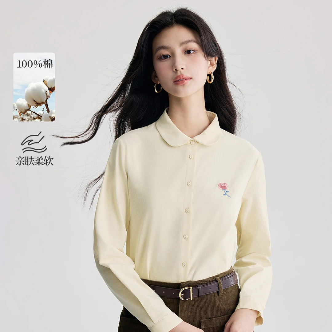 茵曼冬季纯棉文艺绣花长袖衬衣女通勤百搭灯芯绒衬衫