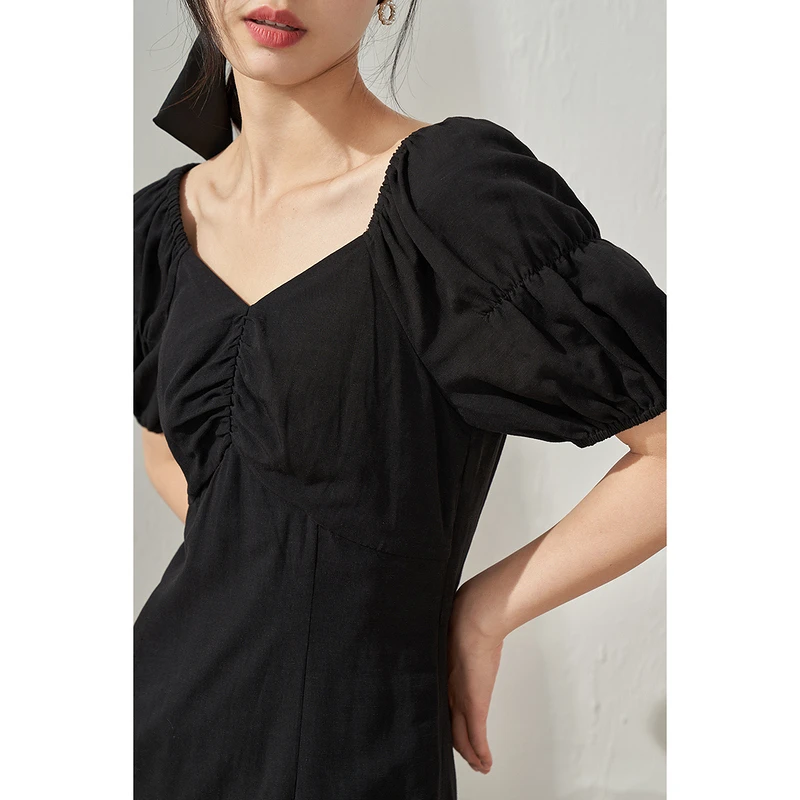 【商场同款新品】茵曼法式方领连衣裙女士通勤气质黑色短款小众款小