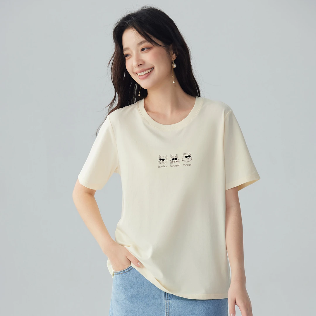 【大牌女装】茵曼2024夏季新款女T恤上衣短袖显瘦宽松时尚休闲印花