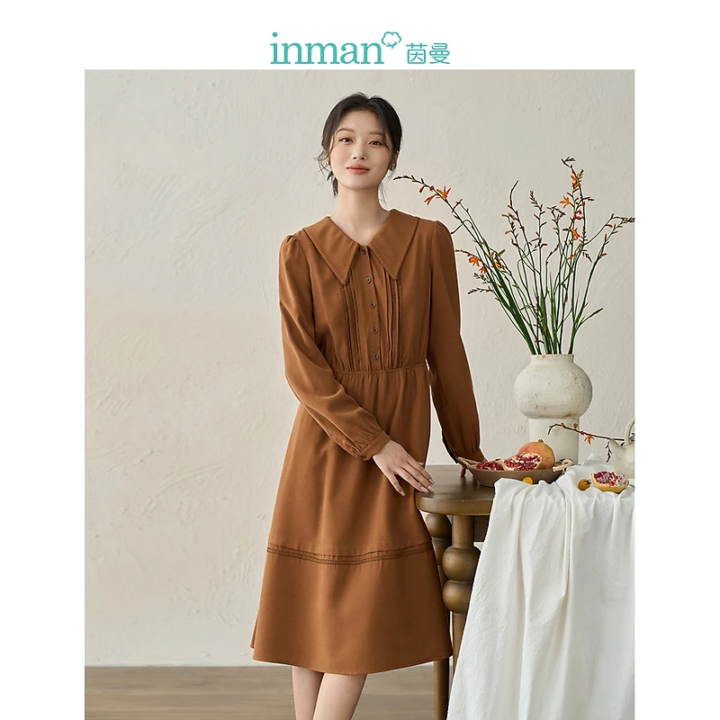 【商场同款】茵曼春秋女连衣裙裙子长裙长袖显瘦女装新款高端休闲中