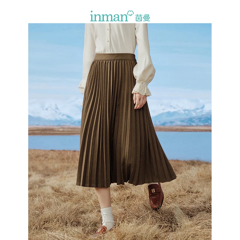 【雅丹风】茵曼冬季女半身裙百褶裙A字裙显瘦休闲高腰中长时尚百搭