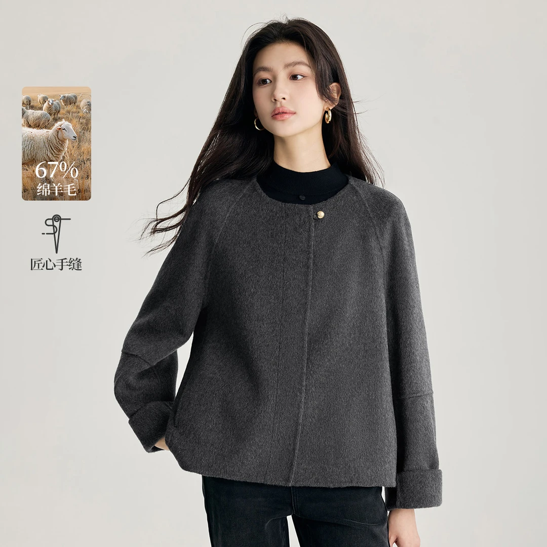 【618抢先购】茵曼冬季高级感双面呢绵羊毛大衣法式气质通勤短外套