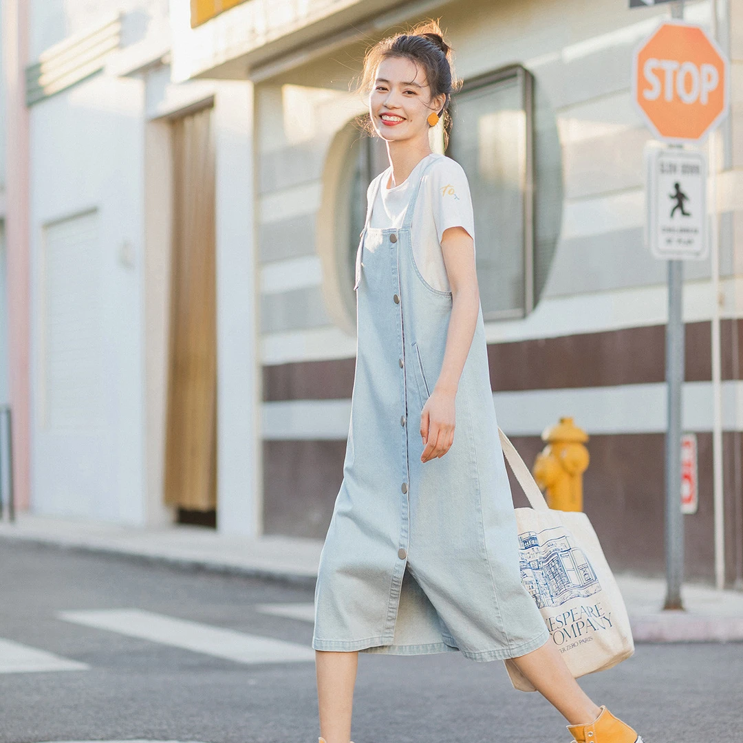 茵曼2023夏季牛仔吊带裙短袖白色T恤纯棉连衣裙两件套装18225071