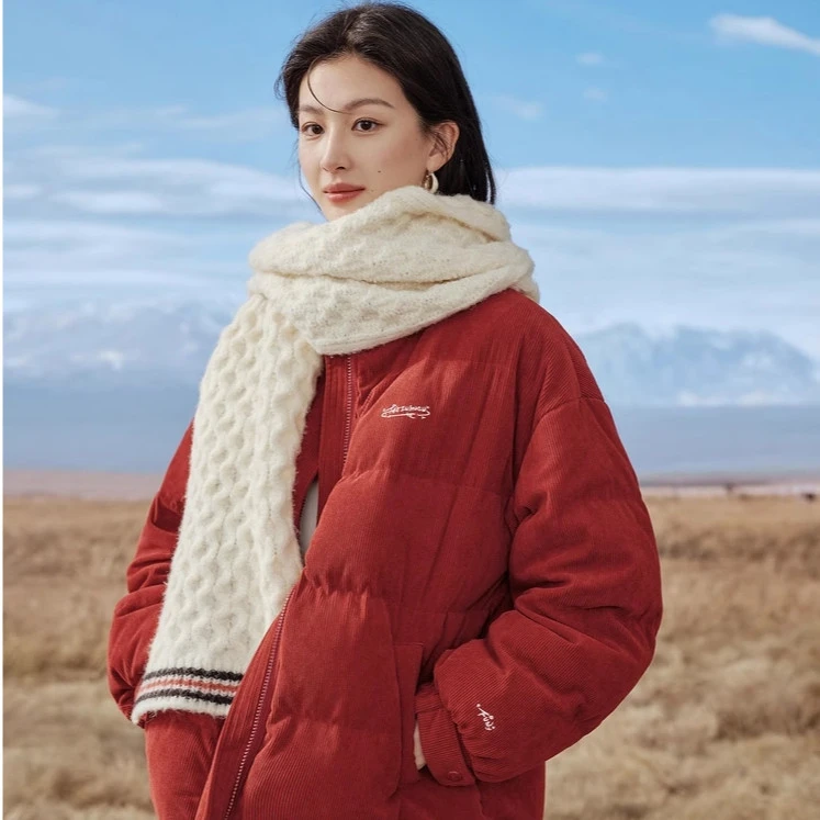 【绒暖随行】茵曼冬季鸭绒灯芯绒短款羽绒服落肩时尚保暖外套女长袖