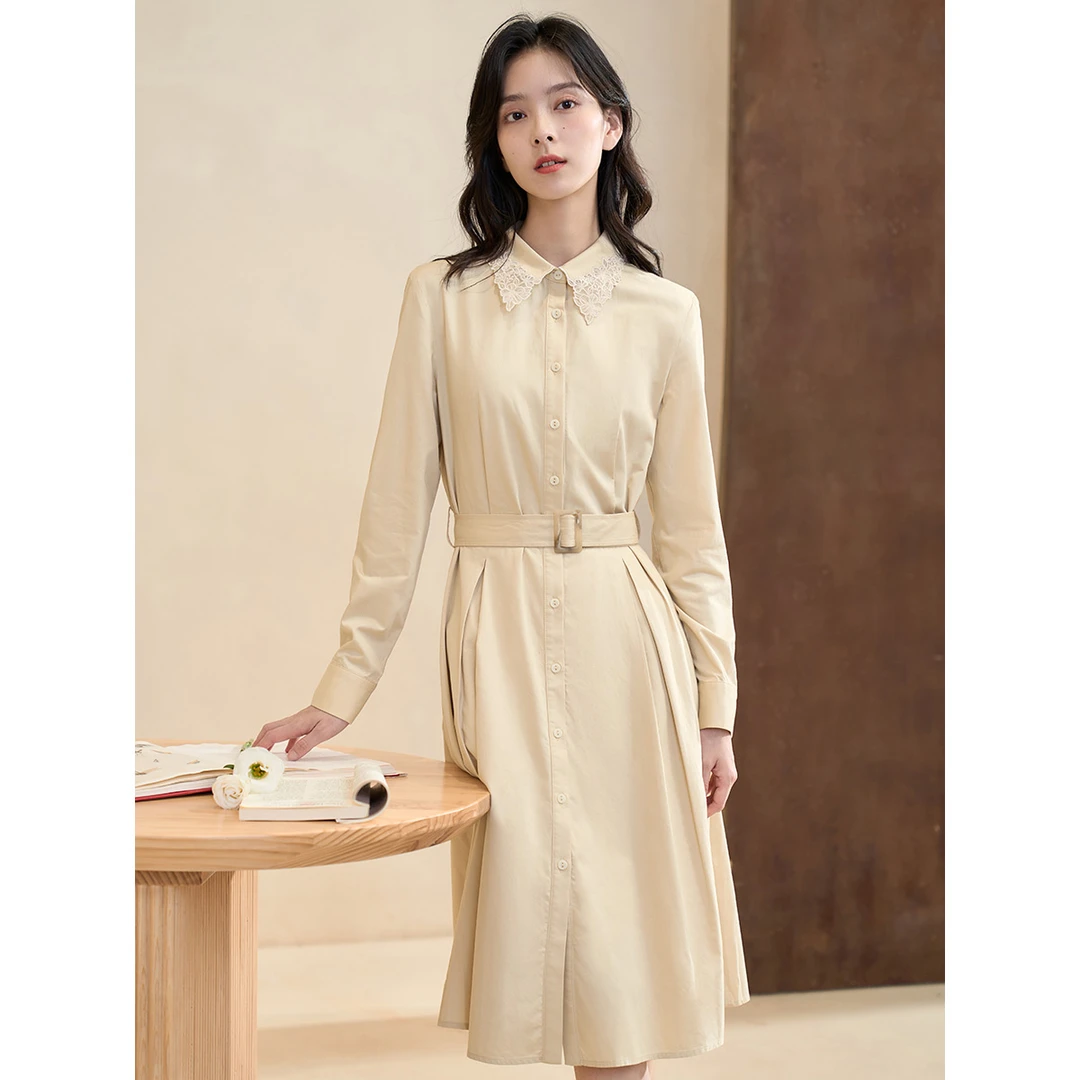 【商场同款】茵曼春女装法式优雅可调腰带绣花翻领连衣裙18316217