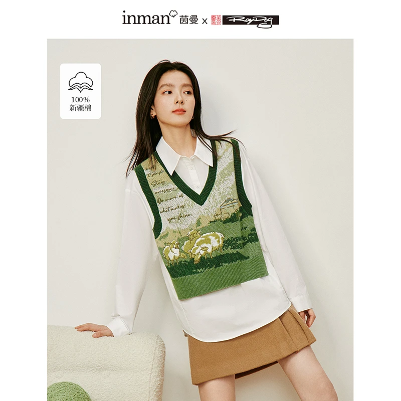 茵曼x米雷联名冬季艺术提花刺绣假两件衬衫宽松上衣 衬衣