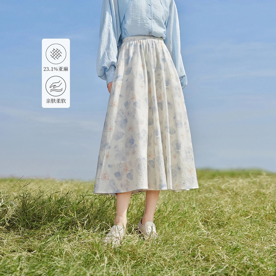 茵曼2024春秋新款女半身裙碎花A字显瘦休闲亚麻印花中长薄款时尚