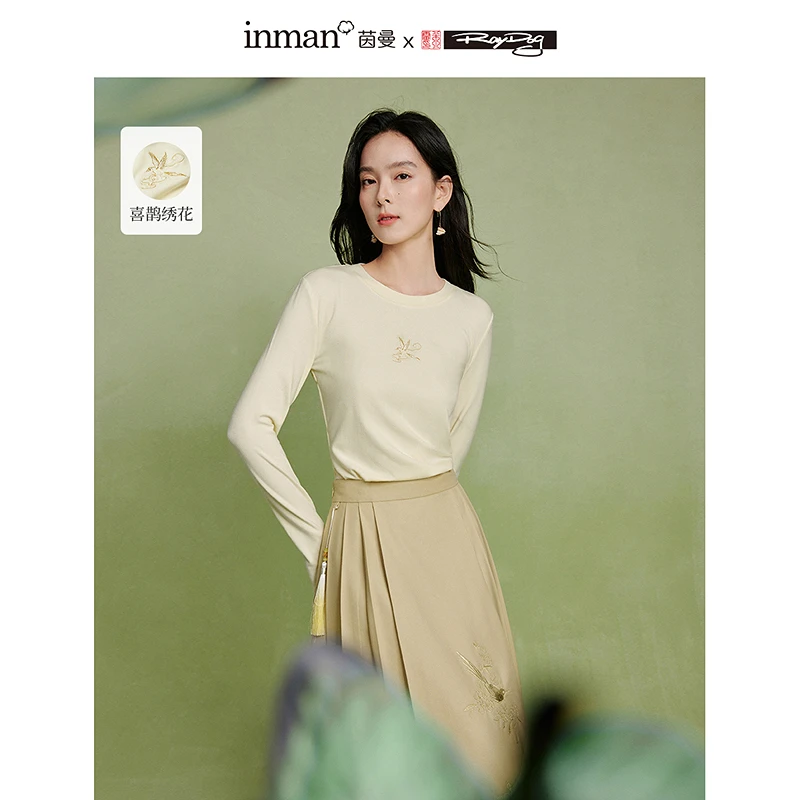 【过年新中式】茵曼春秋女T恤打底上衣长袖显瘦修身休闲新款圆领