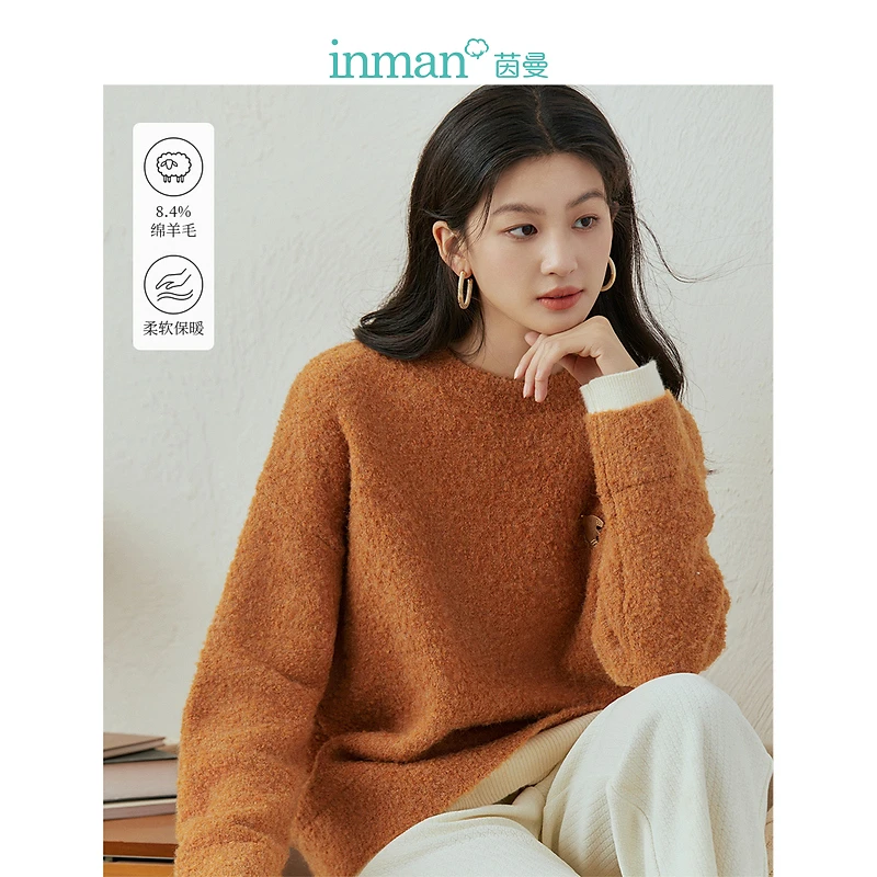 【茵曼女装】复古圆领套头保暖针织毛衣长袖百搭上衣W18346156