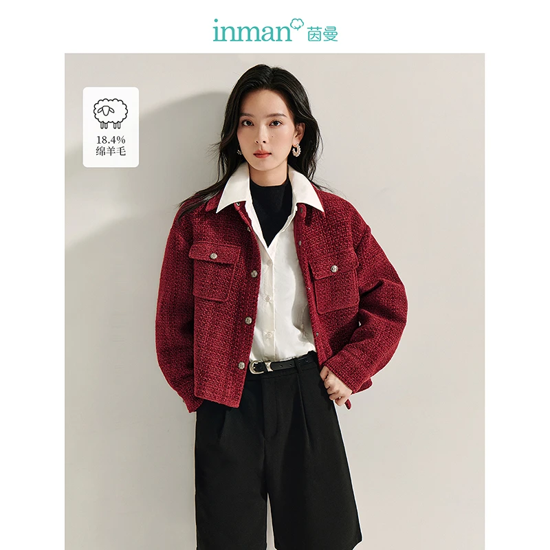 【欧若风新品】茵曼春季安可拉红小香风绵羊毛粗花呢外套短款夹克女