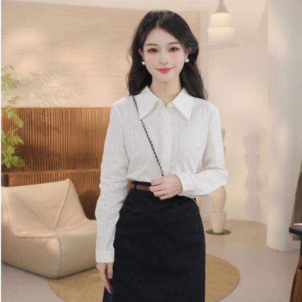 【流光风穿搭】茵曼秋季格雷系白衬衫小众刺绣翻领时尚休闲纯色