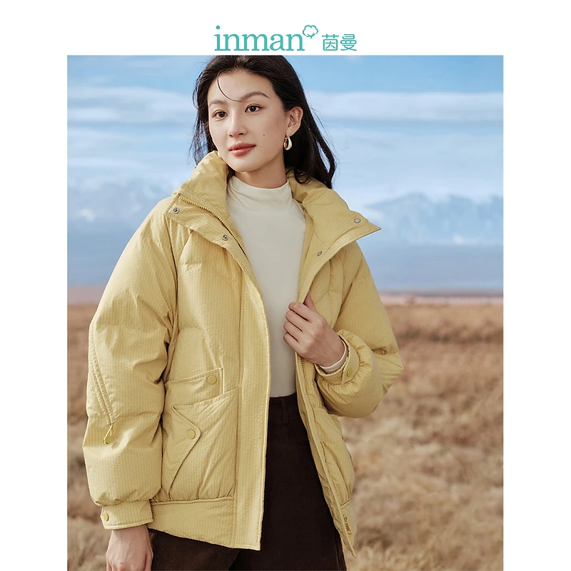 茵曼连帽鸭绒羽绒服冬季女装新款抽绳设计感口袋短款外套