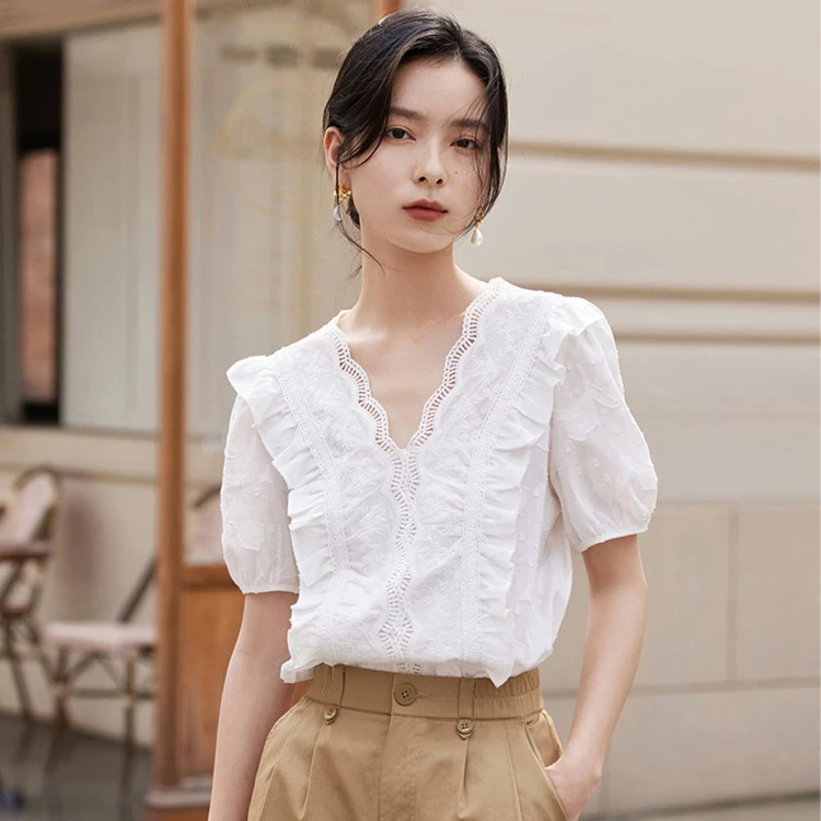 【深海美人鱼】茵曼夏季新款花边显瘦短袖衬衫修身显瘦度假穿搭