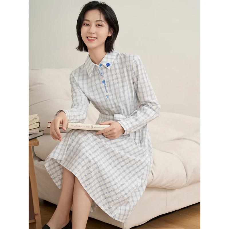 【秋至】茵曼春秋女连衣裙长袖女装气质衬衫显瘦风新款牛仔休闲印花