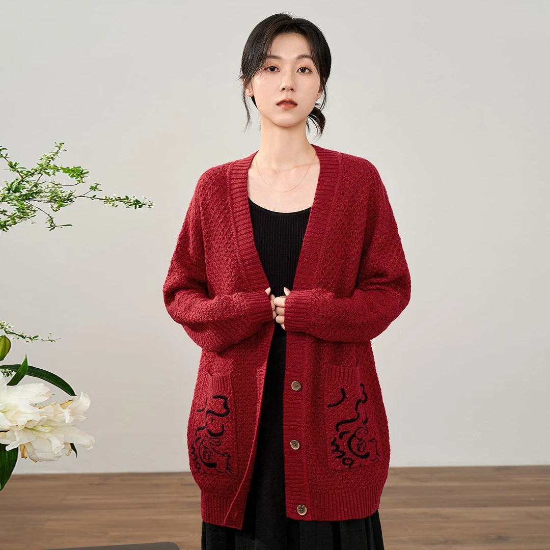 【秋冬毛衣】茵曼春秋女毛衣宽松开衫长袖衬衫红气质修身新款V领