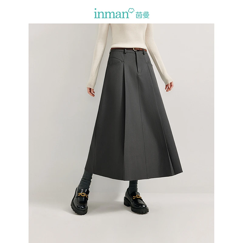 茵曼气质通勤高腰压褶半身裙2024秋季女装新款设计感显瘦A字裙